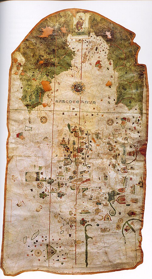 The earliest surviving map to show the Americas: a large parchment chart, the new coastline in green at the left, Europe and Africa at the right.