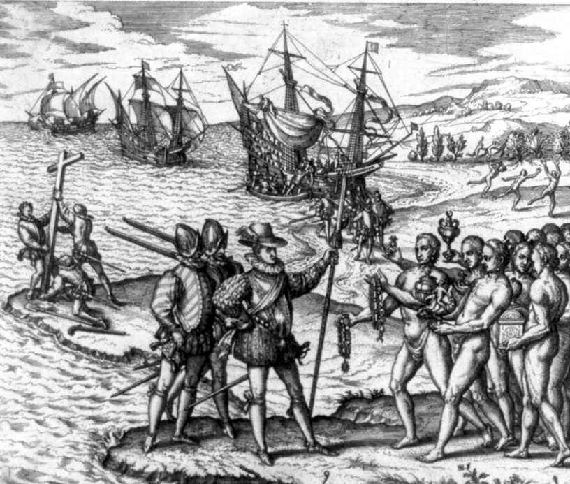 A copperplate engraving of Europeans coming ashore from boats and planting a cross, with islanders bringing gifts and fleeing at the edges of the scene.
