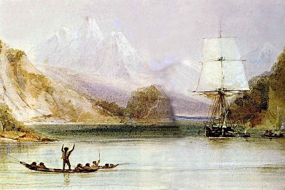 A watercolour of a small three-masted brig at anchor in a channel below steep bare hills, drawn by the expedition artist.