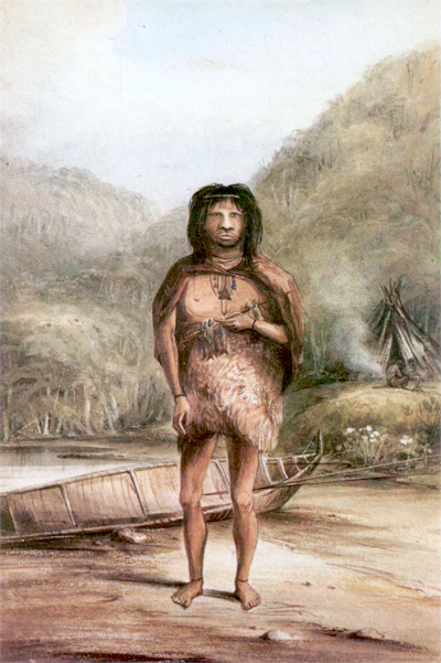 An engraved portrait head of a Fuegian man, published as a plate in the Beagle voyage narrative.