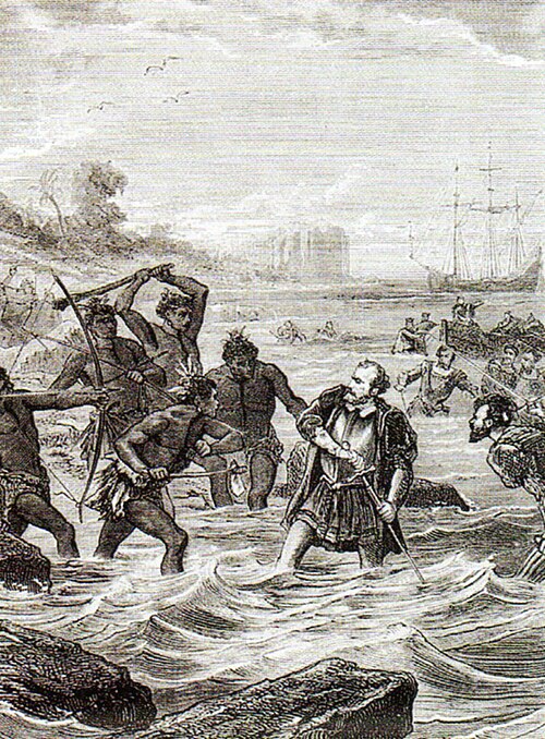 A nineteenth-century print of armoured Europeans fighting in shallow water against a much larger force of islanders on the shore.