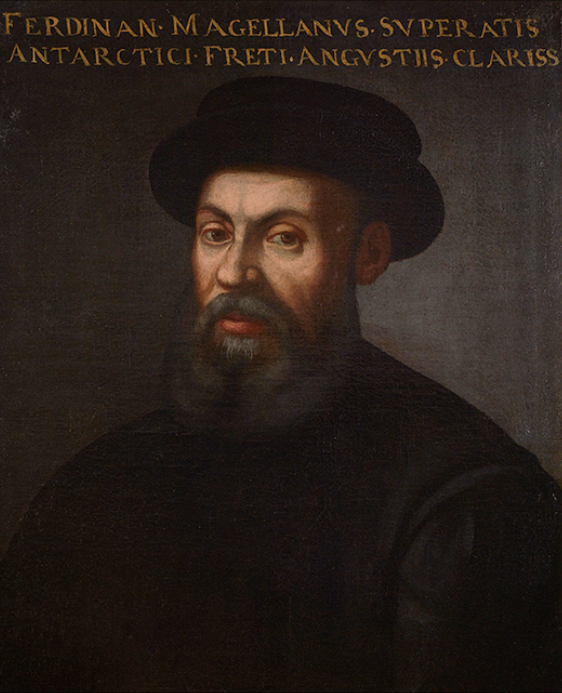 A half-length portrait of a bearded man in dark robes, one hand resting on a pair of dividers set on a globe. No portrait made from life survives.