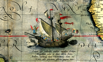 An engraved detail of a single square-rigged carrack under full sail on a stippled sea, banners streaming, with a Latin motto on a scroll beneath.