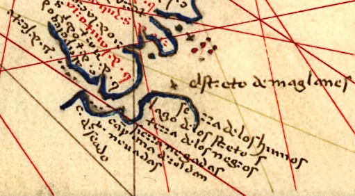 A hand-drawn portolan detail showing the southern tip of South America split by a narrow channel, with the coastline picked out in gold.