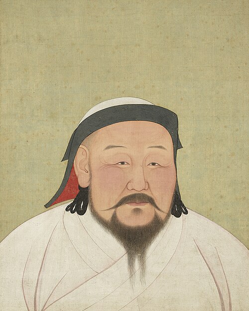 A court portrait of Kublai Khan in white robes, seated and facing forward, painted on silk in ink and colour.