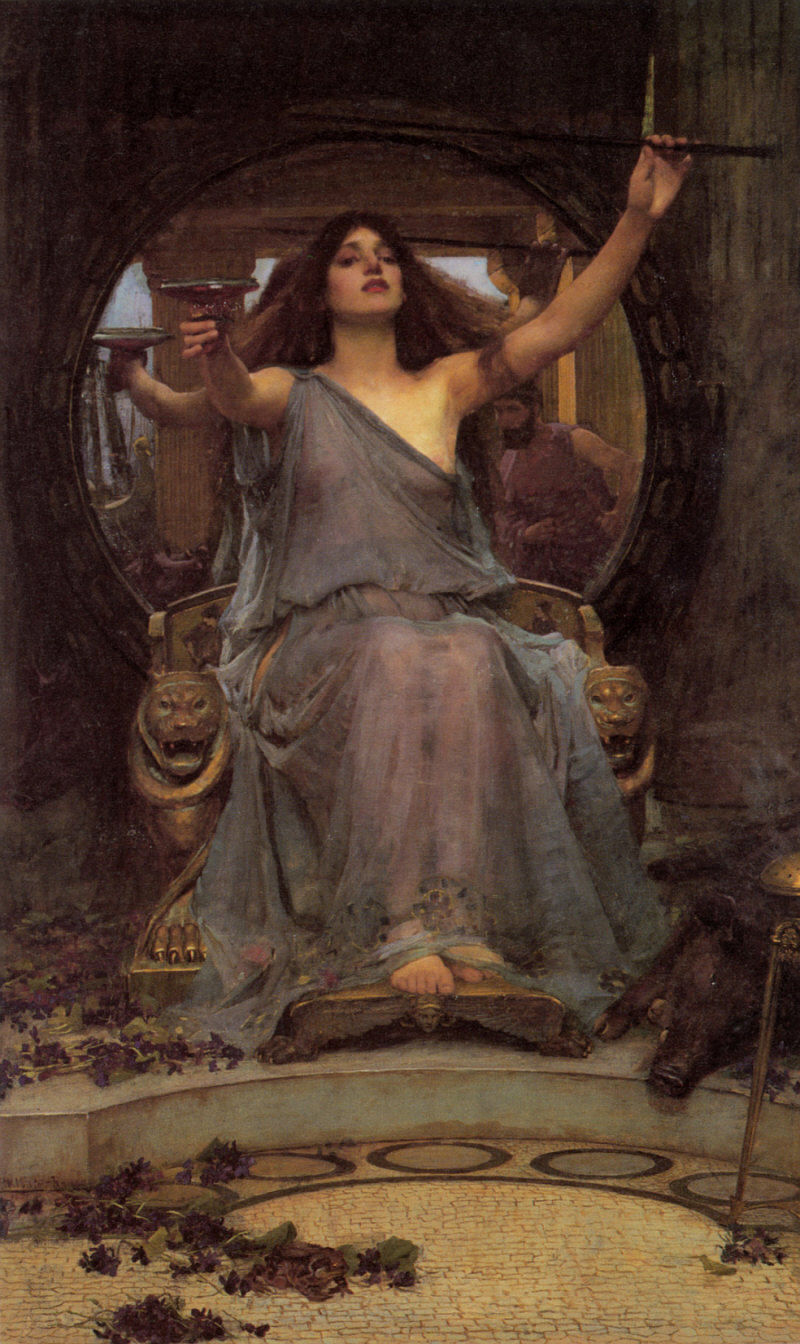 A Victorian oil painting of Circe enthroned, holding out a cup in one hand and a wand in the other, with Odysseus reflected in the mirror behind her.