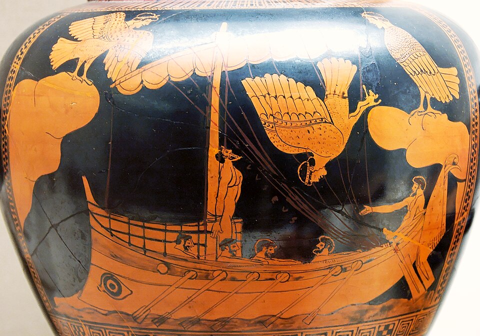 An Attic red-figure vase painting: Odysseus lashed upright to the mast of a rowing ship while bird-bodied Sirens circle overhead, one falling.