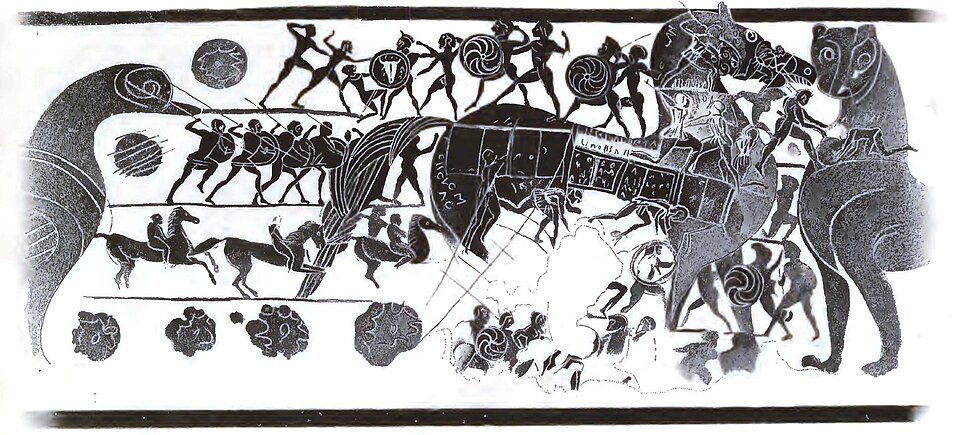 A drawing of a Corinthian perfume flask painted with a wheeled wooden horse in profile, warriors visible through openings in its flank.